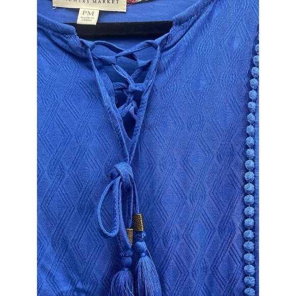 Farmers Market Women's Blouse Petite Medium 100% Rayon Lace V-Neck Boho Blue - Picture 13 of 13